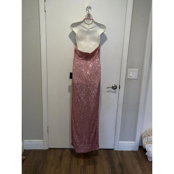 NWT Leena for Mac Duggal Pink Sequined Halter Strap Low Side Knot Gown Size 8 - Picture 10 of 16
